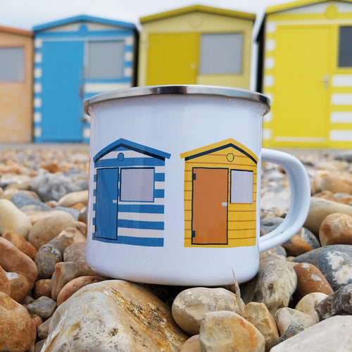 Beach Huts of Chalkland Enamel Mug