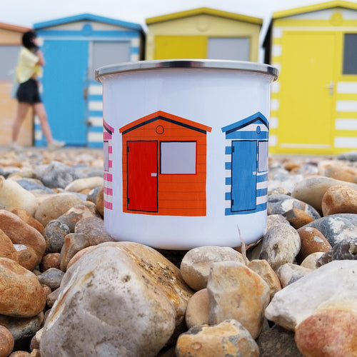 Beach Huts of Chalkland Enamel Mug
