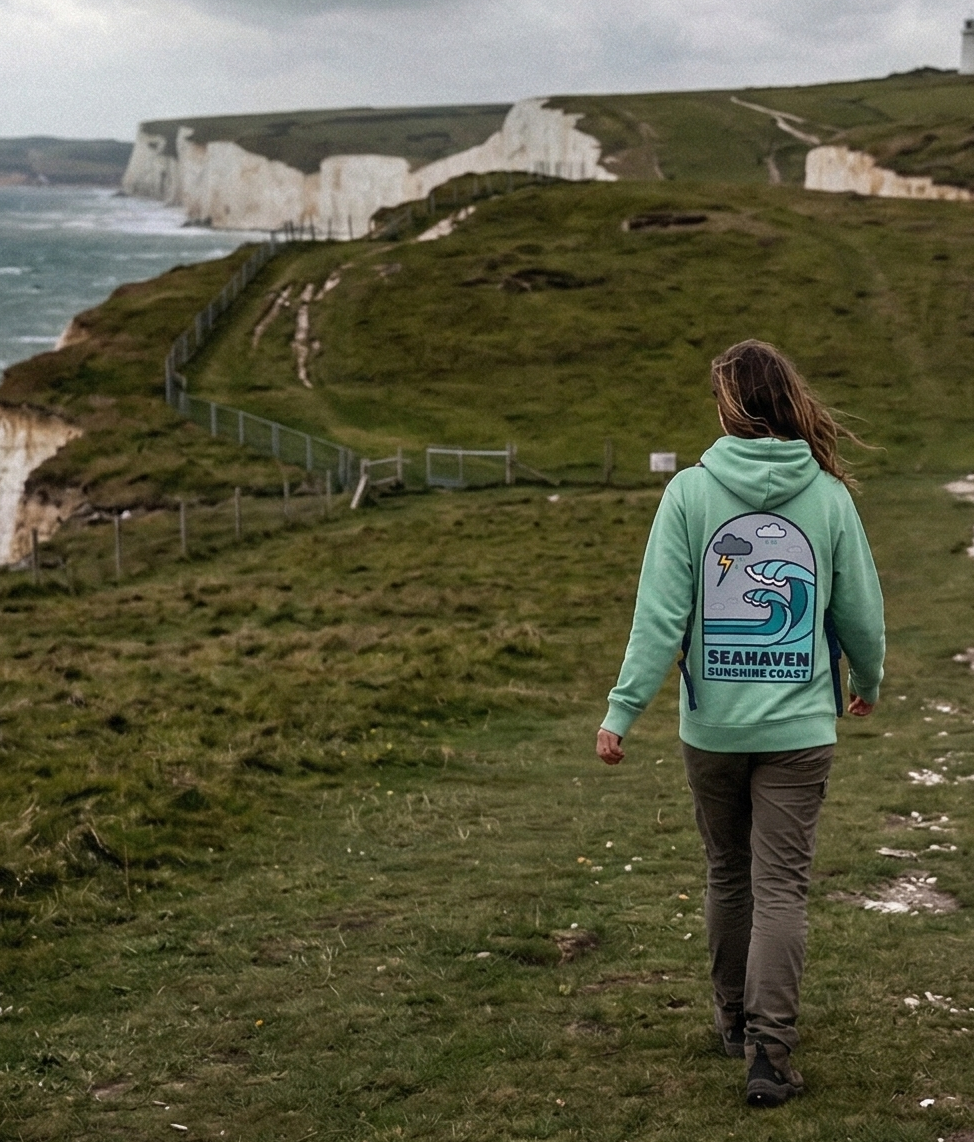Person walking along a path on a cliff with a dramatic sky and ocean view.